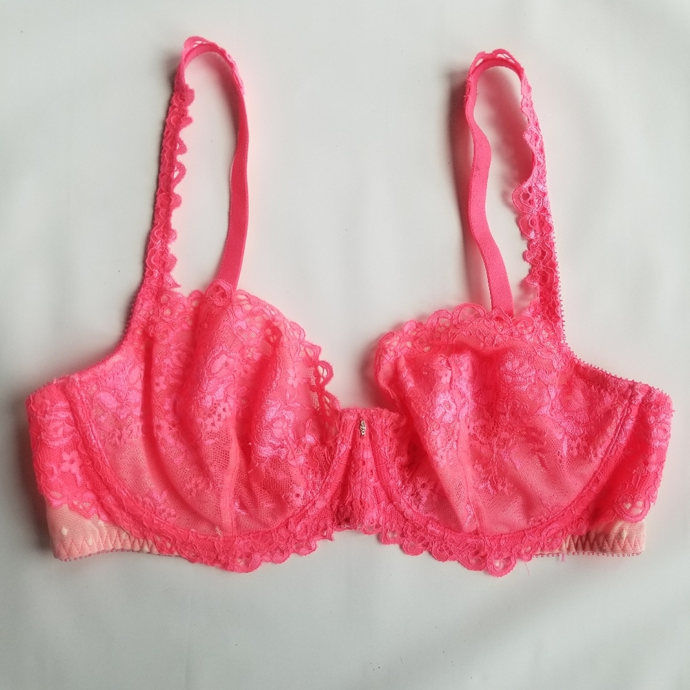Victoria's Secret Hot Pink Lace Boudoir Unlined Demi Bra 34D